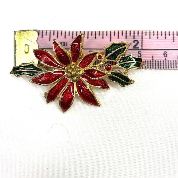 Holiday Poinsettia Pin Red, Green, Gold Enamel & Metal 2" NWOT - Picture 2 of 6
